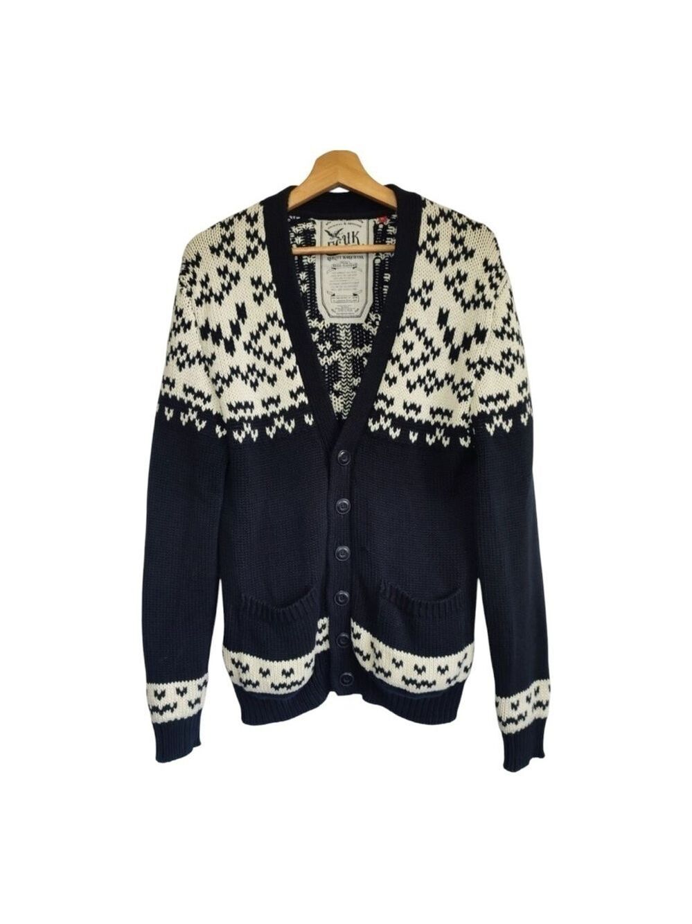 FCUK Cotton Fair Isle Cardigan V-neck Loose Fitting  Front patch pockets Small